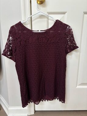 ANN TAYLOR Maroon Lace Short Sleeve Blouse